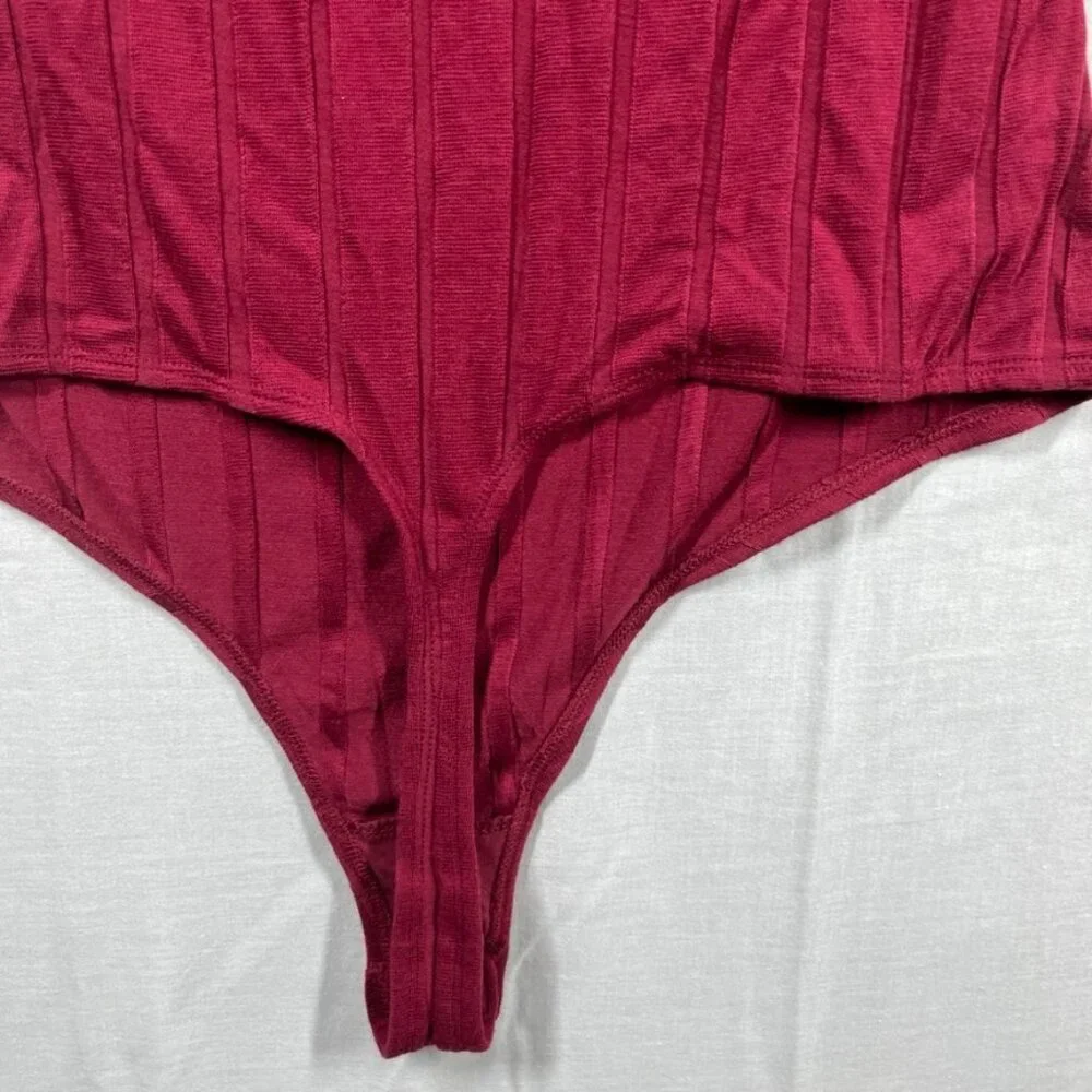 FREE PEOPLE INTIMATELY Bodysuit Large Maroon Long Sleeve Beside Me Ribbed Thong - Picture 8 of 8
